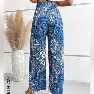 SHEIN VCAY paisley print belted wide leg pants